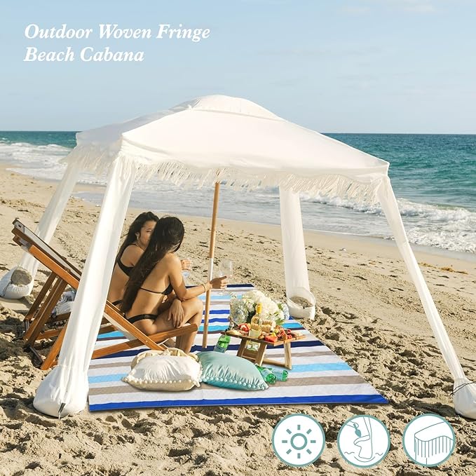 AMMSUN Beach Cabana with Beach Blanket 6.5' x 6.5' Boho Canopy with Tassels Premium Wood Pole Fringe Cabana Tent with Sand Pockets Instant Sun Shade for Sand Garden Outdoor Elegant White