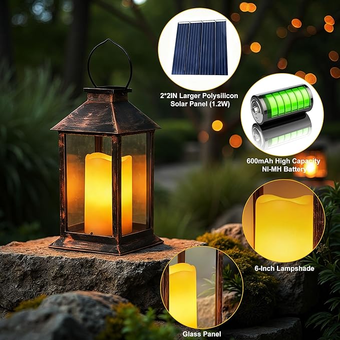 2 Pack 14 Inch Solar Lanterns Outdoor Waterproof with Flickering Flameless Candles Outdoor Garden Hanging Lantern Decorative for Patio Front Porch Backyard Balcony Cabin Outside Table