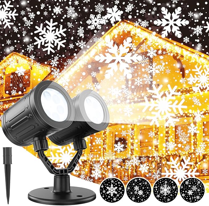 Christmas Snowflake Projector Lights Outdoor - Double Head Dynamic Snowflake Projector Lights with Waterproof Holiday Decorative Lighting for Indoor Outdoor Xmas Party Yard Wall Decor