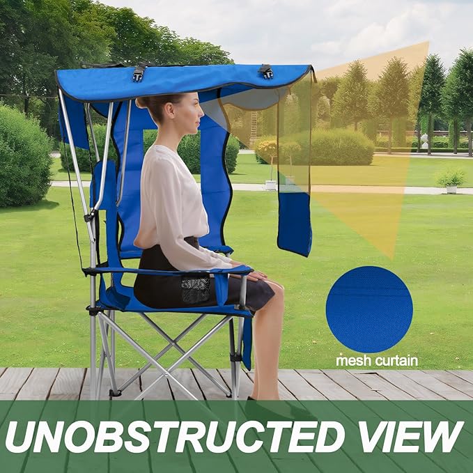 ptlsy Beach Chair with Canopy Shade Folding Camping Chair for Adults with Cup Holders Cooler Bag for Camping Fishing Beach Sports and Concert (Blue)