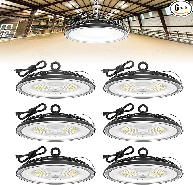 HYPERLITE UFO LED High Bay Light: 230W 30000LM High Bay LED Shop Lights with 6ft Plug - 5000K IP65 LED Warehouse Lights for Workshop Stadium Garage Lighting 6-Pack