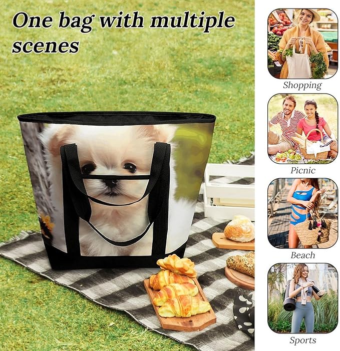 Insulated Shopping BagLarge Reusable Cooler Bags Cute Dog Printed Foldable Shopping BagTravel Waterproof Shoulder Bag