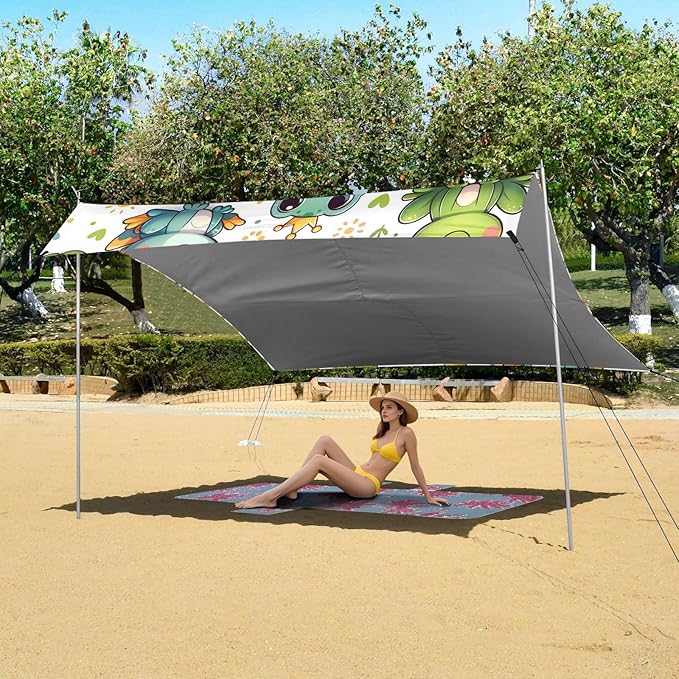 ALAZA Cute Cartoon Frog Beach Tent Sun Shelter UPF50+ Protection Beach Shade Canopy w/ 4 Sandbags for Outdoor Camping Fishing Backyard Fun Picnic 10x9 ft