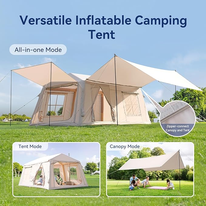 Inflatable Tent for Camping Waterproof Oxford Large Blow Up Hot Tent with Pump Easy Setup Inflatable Glamping House Air Tent for Family 4/6/8/10/12 People