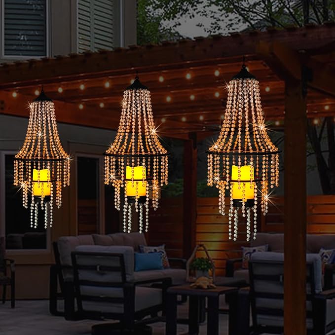 Hanging Candle Lantern Outdoor 28” Battery Operated Modern Clear Acrylic Crystal Chandeliers with Flickering Yellow Led Candle Light S Hooks for Garden Backyard Gazebo Room Indoor Indoor Decor