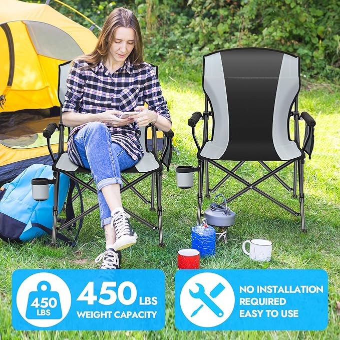 Oversized Folding Camping Chair for Adults Supports 450 LBS Camping Chairs Heavy Duty Camping Chair with Side Pockets Foldable Outdoor Chair for Camping Beach Fishing Hiking Black-Gray