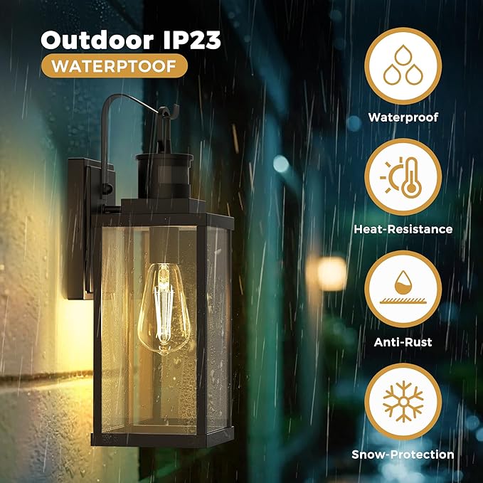 DORESshop Large Size Motion Sensor Outdoor Wall Lights 16 Inch Matte Black Waterproof Anti-Rust Outdoor Light Fixtures Wall Mount with Clear Glass Shade for Porch Garage ETL Listed 2 Pack