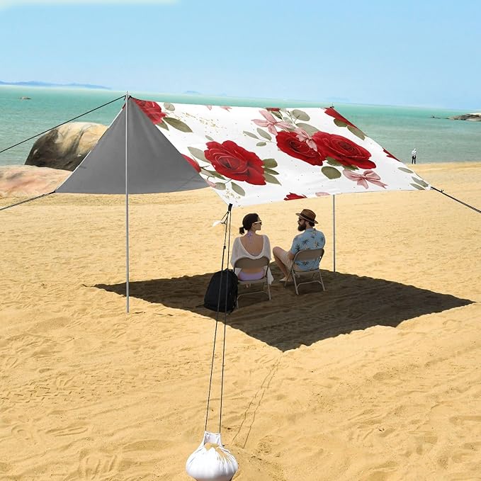 ALAZA Rose Bow Flowers Floral Beach Tent Sun Shelter UPF50+ Protection Beach Shade Canopy w/ 4 Sandbags for Outdoor Camping Fishing Backyard Fun Picnic 10x9 ft