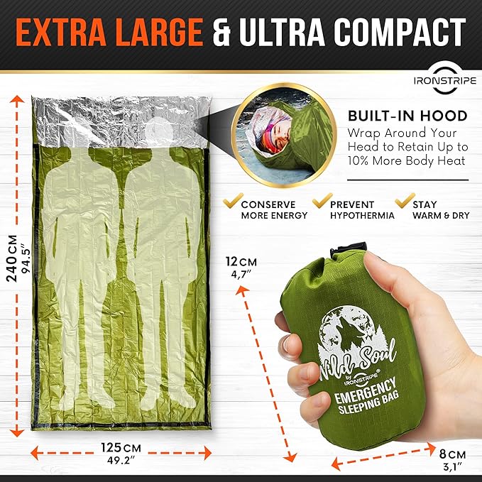 Bivy Sack XL Waterproof Survival Sleeping Bag with Emergency Whistle Built-in Hood &amp Thermal Mylar - Tear &amp Puncture-Resistant