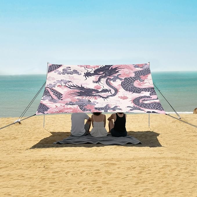 Pink Japanese Dragon Beach Tent Sun Shelter 9.2' x 10.5' Beach Canopy with 4 Sandbags 4 Stability Poles Sand Shovels - Tent Canopy for Beach Camping Fishing Picnics