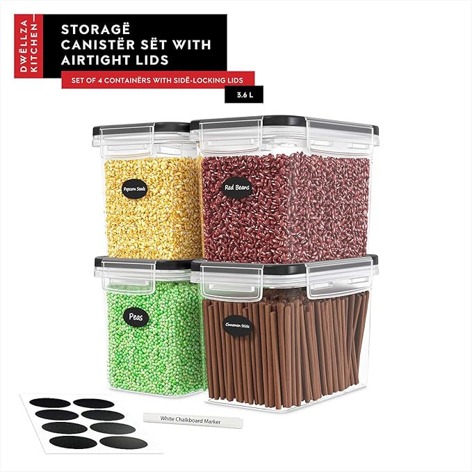 DWËLLZA KITCHEN Flour Sugar Storage Containers Set of 4 3.6L Plastic Airtight Food Storage Containers with Lids for Kitchen Pantry Organization and Storage - Dry Food Containers Labels &amp Marker