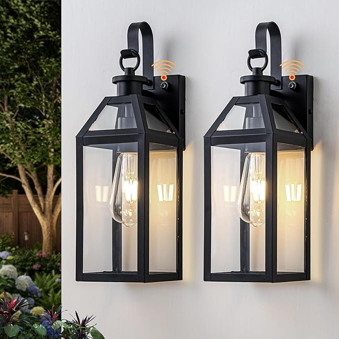 16 Dusk to Dawn Outdoor Wall Light with Sensor - Waterproof Exterior Wall Sconce for Porch Patio Garage Front Door Balcony Entry Modern Hardwired Lantern in Black Metal &amp Glass E26 - 2 Pack