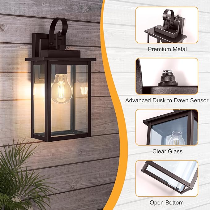 𝟭𝟱𝗜𝗡 Dusk to Dawn Outdoor Wall Light Fixture (Bulb Include) Exterior Waterproof Sconces Outdoor Porch Wall Mounted Lighting Modern Black Wall Lamp for House Doorway Garage (Brown)