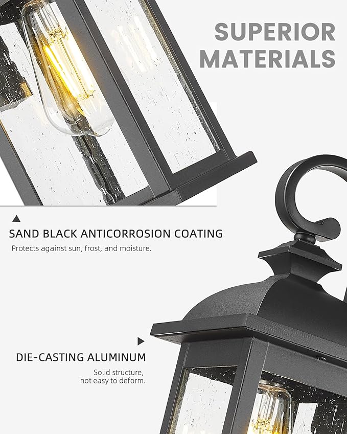 FEMILA Exterior Wall Sconce2 Packs Outdoor Waterproof Wall Lights FixtureE26 Socket Wall Lantern for PorchAnti-Rust Matte Black Finish with Seeded Glass Lampshade4FD54B-2PK BK