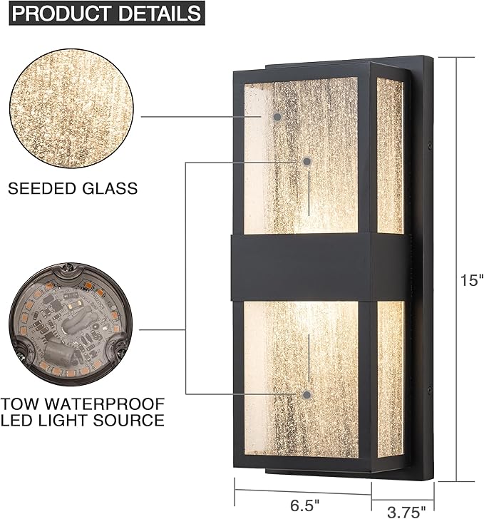 Modern Outdoor Lights Fixture Led Wall Lights Indoor Black Exterior Wall Sconce for House with Seeded Glass 12W Outside Front Porch Light Outdoor Wall Mount Patio Lights for Garage Yard