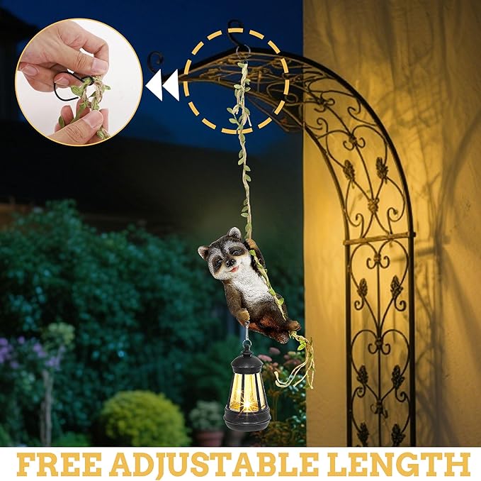 Solar Hanging Raccoon Statue Outdoor Resin Animal Figurine with LED Lights for Garden Fence Porch Patio Yard Decor Dusk to Dawn Auto On/Off