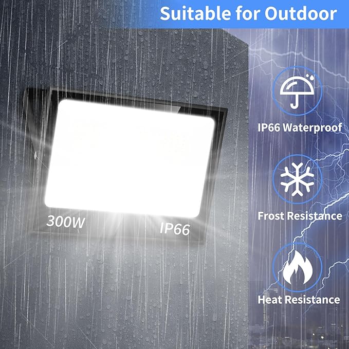 300W LED Flood Light Outdoor with Plug 36000LM Ultra Brighter Security Light IP66 Waterproof Exterior Plug in Floodlight 5000K Daylight White for Lawn Yard Garden Stadium(2 Pack)
