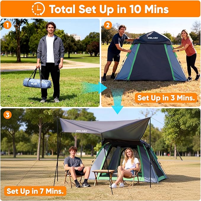 Golabs 3 Person Camping Tent w/ 9.5x8.5 ft Canopy 3-Minute Setup by Pre-Attached Pole PU1500mm Waterproof 4 Side Mesh Tent Top &amp Door &amp Ventilation Portable Family Tent w/Carry Bag &amp P