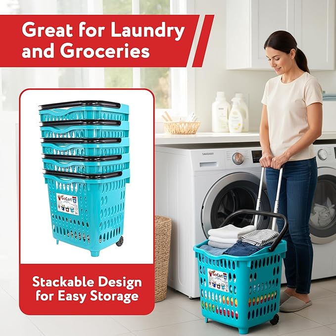 dbest products Bigger GoCart Grocery Cart Rolling Shopping Laundry Basket on Wheels Hamper with Telescopic Handle Cleaning Caddy Trolley Teal Bigger 1 pack