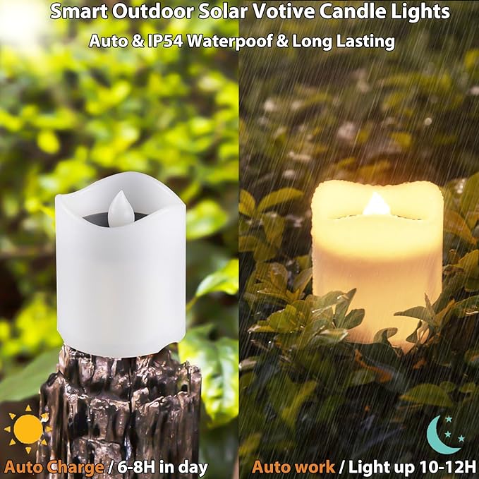 Solar Candles Outdoor Waterproof 8pcs Rechargeable Dusk to Dawn Little Votive Candles Flameless Flickering Solar Tea Lights for Patio Yard Deck Pathway Window Outdoor Lantern Decor (Warm White)