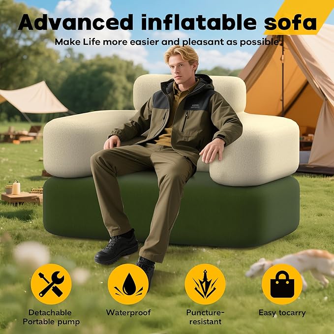 Portable Inflatable Sofa with Built-in Pump - Durable Multifunctional Blow Up Couch for Camping Outdoor Travel Home Backyard (Single)
