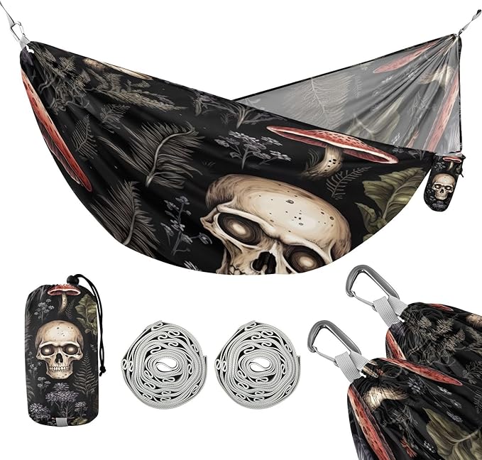 Skull and Mushroom Camping Hammock 330 lbs with 2 Tree Straps Carry Bag Single Portable Hammock for Outdoor/Indoor Hiking Beach Backpacking Travel