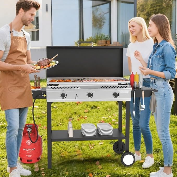 Bonnlo 2-in-1 Propane Stove and Griddle 3 Burner Outdoor Gas Cooker with Iginition Storage Shelf and Portable Wheels 225000BTU Output Camping Stove for Backyard Cooking BBQ Frying and Boiling