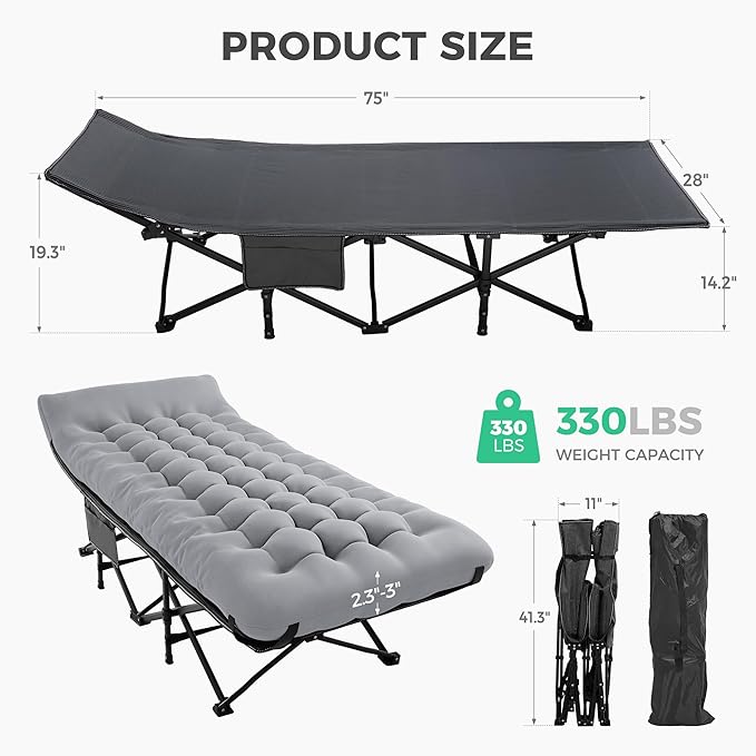 JEAREY Camping Cot for Sleeping 28 Extra Wide Heavy-Duty 1200D Oxford Foliding Cots for Adults Portable with Mattress Carry Bag for Guest Travel Hiking Light Gray