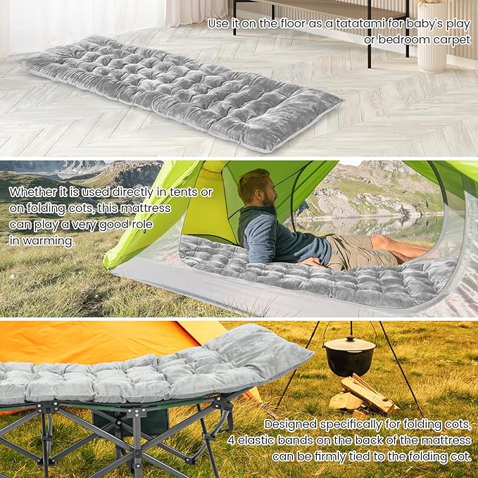 GOFLAME Camping Cot Mattress Sleeping Cot Pad with Soft and Breathable Crystal Velvet 75” x 27.5” Lightweight Comfortable Camping Cot Pad for Outdoor Hiking Vacation Traveling