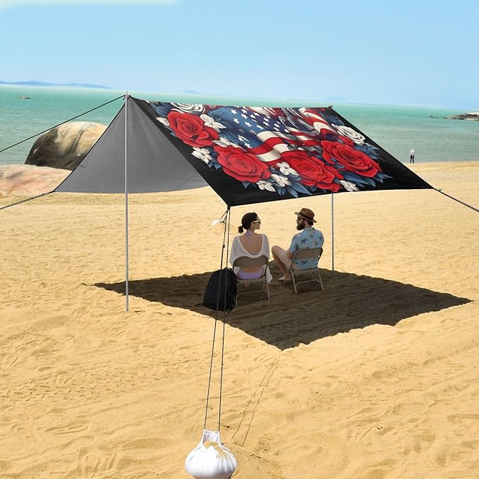 ALAZA Eagle American Flag Beach Tent Sun Shelter UPF50+ Protection Beach Shade Canopy w/ 4 Sandbags for Outdoor Camping Fishing Backyard Fun Picnic 10x9 ft