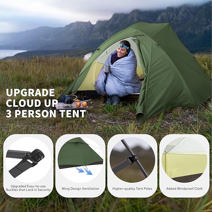 Naturehike Cloud Up 3 Person Backpacking Tent with Footprint - 3 Season Free Standing Lightweight 3 Person Camping Tent | with Footprint Free Standing Dome Camping Hiking Waterproof
