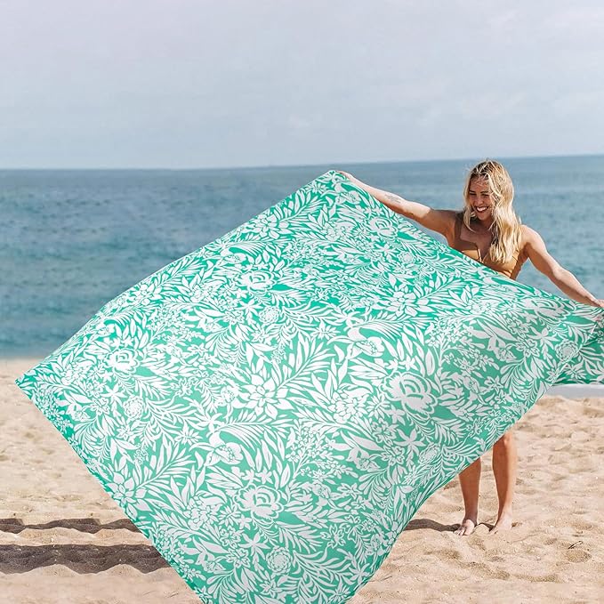 Beach Blanket Waterproof Sandproof Beach Mat with 4 Stakes &amp 4 Pockets 78''×86'' Large Compact Lightweight Sand Free Outdoor Essentials for Beach Picnic Travel Camping