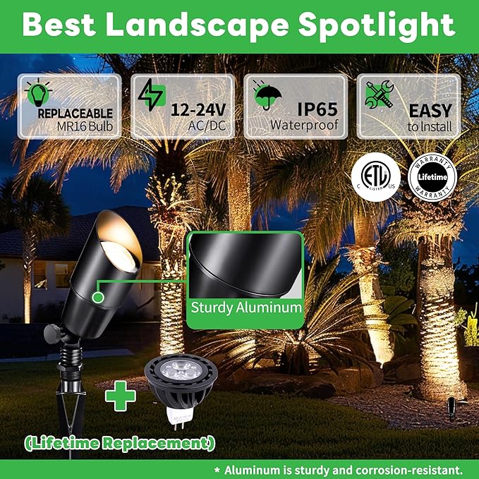 Black Outdoor LED Landscape Lights 12V Low Voltage Waterproof Aluminum Spotlights for Home Patio Backyard with 5W MR16 Bulb 5000K 12 Pack