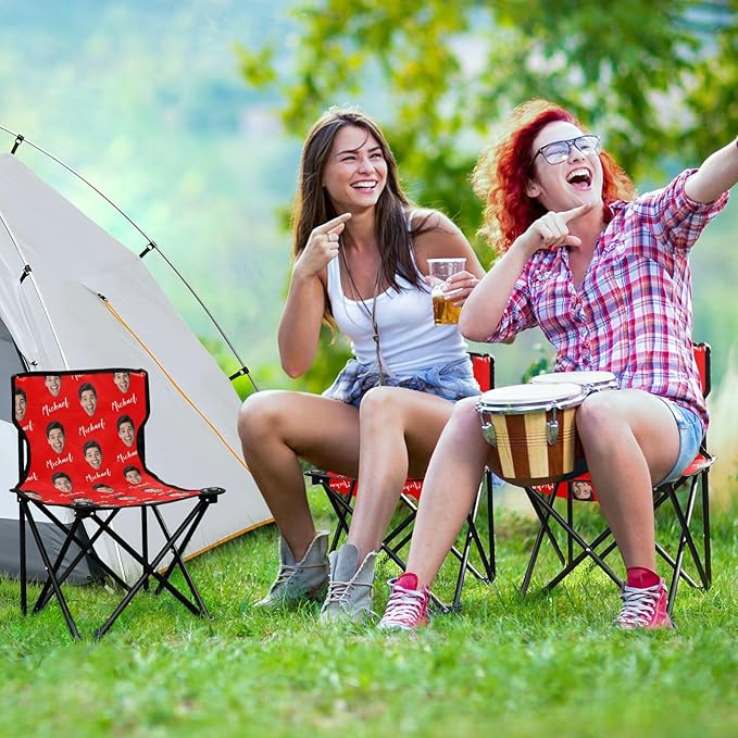 Sinestour Red Custom Photo Folding Camping Chair for Teen Child Personalized Name 14.6×14.6in Portable Outdoor Chair with Carry Bag for Barbeques Travel Lawn