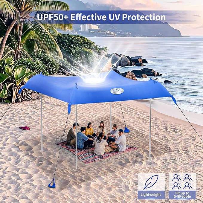 UMARDOO Family Beach Tent Canopy Sun Shade Portable 10×10FT Large Wind Resistance Beach Sun Shelter Easy Setup with Packable Carry Bag for Outdoor Travel UPF 50+ (Blue)