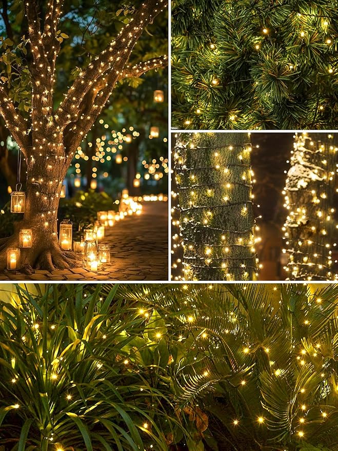 6 Pack 600 LED Solar String Lights for Outside Solar Christmas Lights Outdoor with 8 Lighting Modes Waterproof Green Wire Solar Powered Tree Light for Xmas Party Yard Garden Decorations (Warm White)