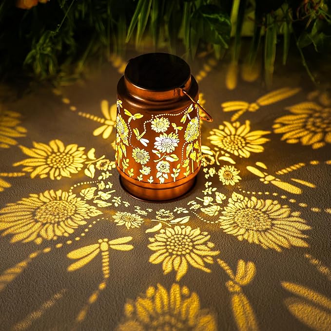 Dragonfly Solar Lanterns Outdoor Waterproof Sunflower Solar Lights Birthday Christmas Gifts for Women Mom Metal Hanging Decorative LED Lantern Outside for Garden DecorYardPatioPorchLawnBackyard