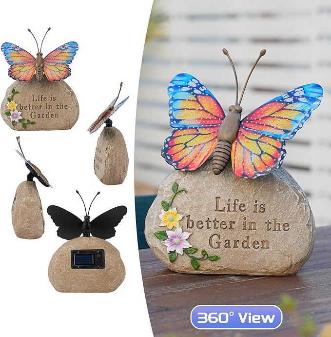 Solar LED Butterfly Garden Statue with Sparkling Light-Up Wings - Outdoor Yard Patio Decor Figurine for Women Mom Grandma (Orange)