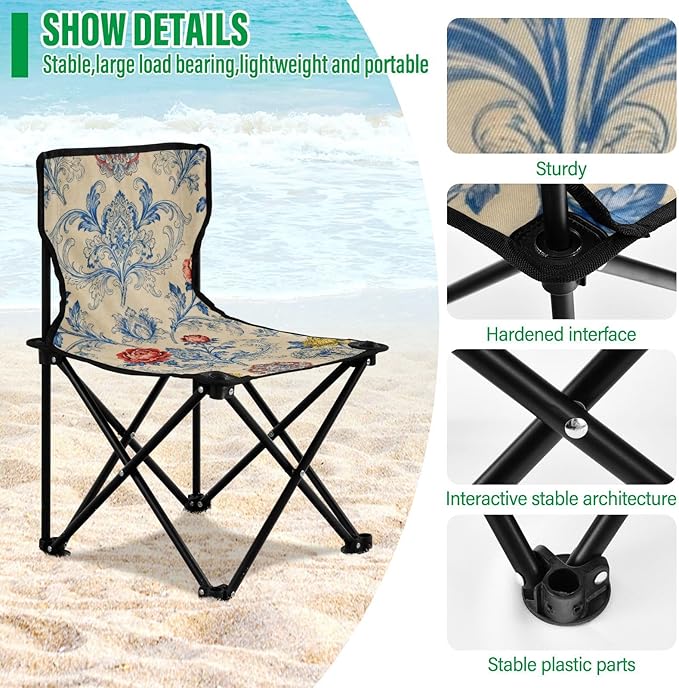 Packable Youth Camping Chair Vintage Floral Pattern with Carrying Bag Lawn for Indoor
