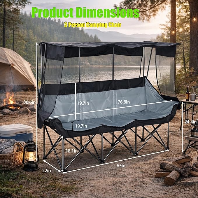 Oversized 3 Person Camping Chair with Canopy Shade Fully Padded Outdoor Folding Camping Chair Suitable For Outdoor Camping Lawns And Backyards Equipped With Cup Holders And A Portable Storage Bag