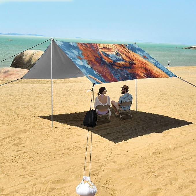 Highland Cow Beach Tent Sun Shelter 9.2' x 10.5' Beach Canopy with 4 Sandbags 4 Stability Poles Sand Shovels - Tent Canopy for Beach Camping Fishing Picnics