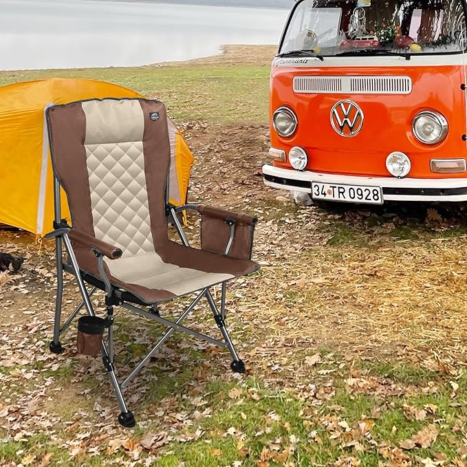 Folding Padded Camping Chair with Hard ArmrestCup HolderHeavy Duty for AdultsPaded BackrestPortable Lawn Lightweight Outdoor Camp ChairSupport up to 400lbs