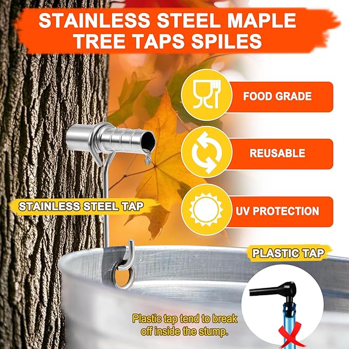 Maple Syrup Tree Tapping Kit with 5 Stainless Steel Maple Tap Spiles &amp Maple Syrup Cone Filter Holder Stand with Thermometer