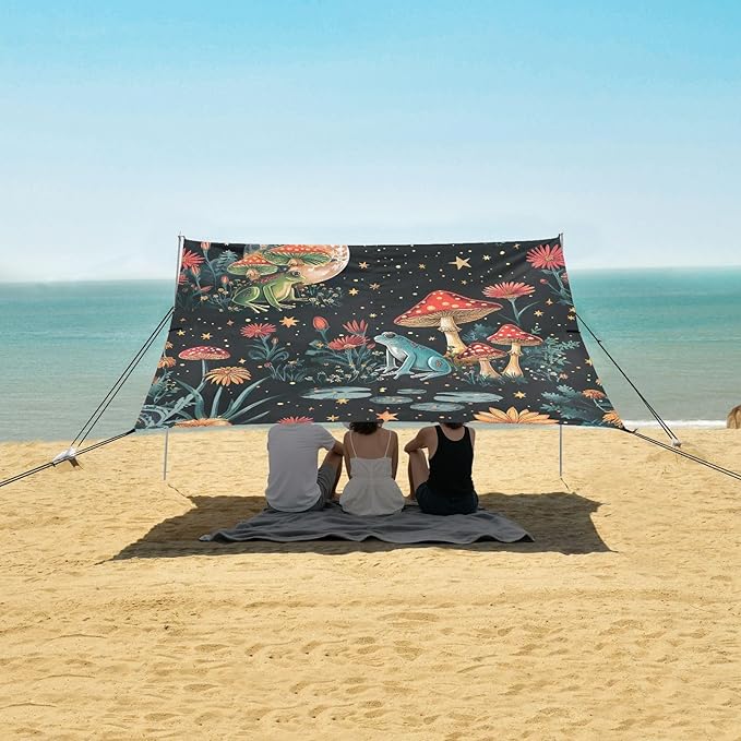 Mushrooms and Flowers Beach Tent Sun Shelter 9.2' x 10.5' Beach Canopy with 4 Sandbags 4 Stability Poles Sand Shovels - Tent Canopy for Beach Camping Fishing Picnics