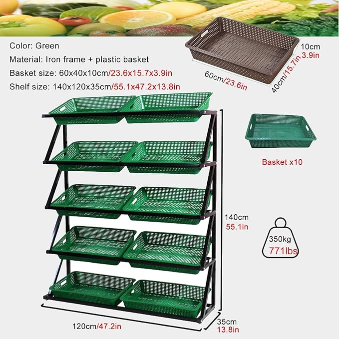 Fruit Vegetable Basket Shelf 5 Layer Retail Display Rack Market Shelf with 10 Baskets Standing Supermarket Snack Candy Display Organizer for Kitchen/Store/Garage