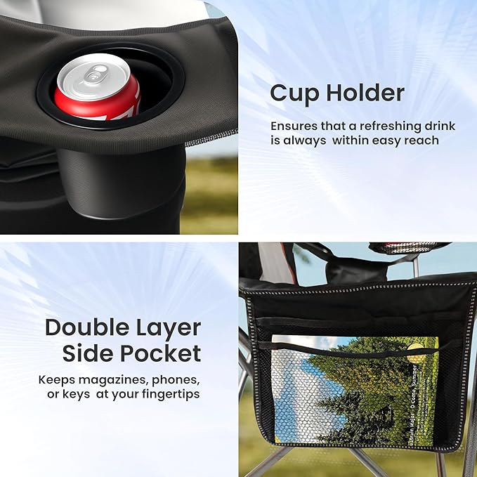 2 Pack Folding Camping Chairs for Adults - High Back Padded Outdoor Lawn Chairs with Lumbar Support &amp Cup Holder 400lbs Heavy Duty Portable Camping Chairs Set (Light Black &amp Gray 2 PCS)