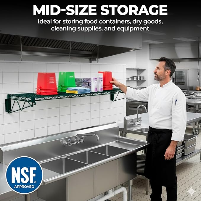 Premium Epoxy Green Wire Wall Shelf | NSF Certified | Heavy-Duty Wall-Mounted Storage Rack for Kitchen Utility &amp Food Service (24 x 54)