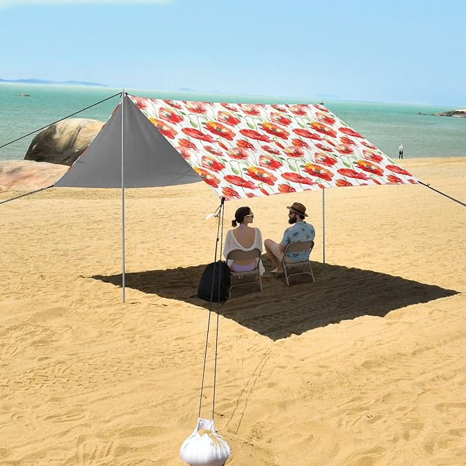 ALAZA Red Poppy Flower Floral Beach Tent Sun Shelter UPF50+ Protection Beach Shade Canopy w/ 4 Sandbags for Outdoor Camping Fishing Backyard Fun Picnic 10x9 ft