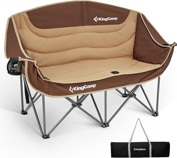 KingCamp Double Camping Chair Oversized 660lbs Heavy Duty Loveseat for Adults Portable Folding XL 2 Person Couch Padded Comfortable Two Seat with Cup Holder for Outdoor Lawn Backyard Khaki/Coffee