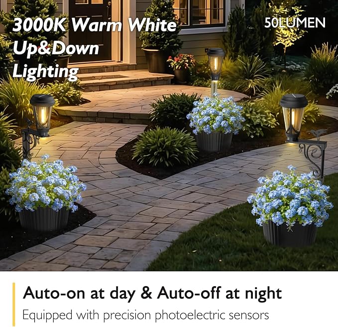 7.9 Inch Outdoor Solar Lights with Pot Dual-Sided 3000K Warm White Lighting 2 in1 (Wall/Stand) Flower Pots Auto on/Off Outdoor Floor Lamp IP65 Waterproof for Yard Patio Porch Pathway Decor
